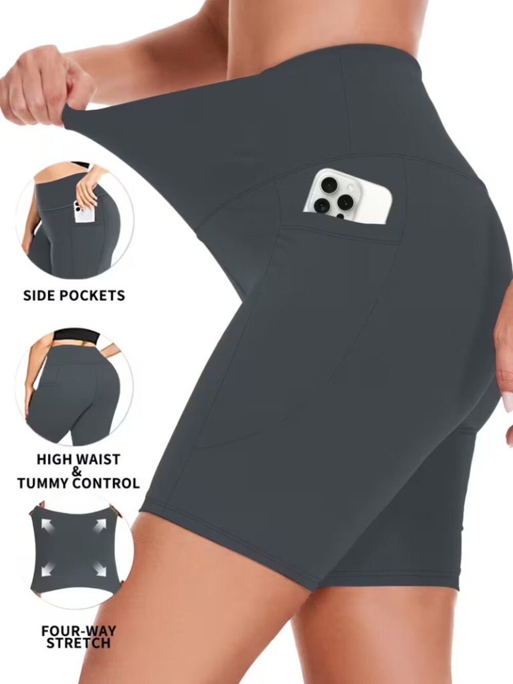 Women's Soft Plus 3X High waisted bike shorts w/pockets Grey Poly/Spandex
